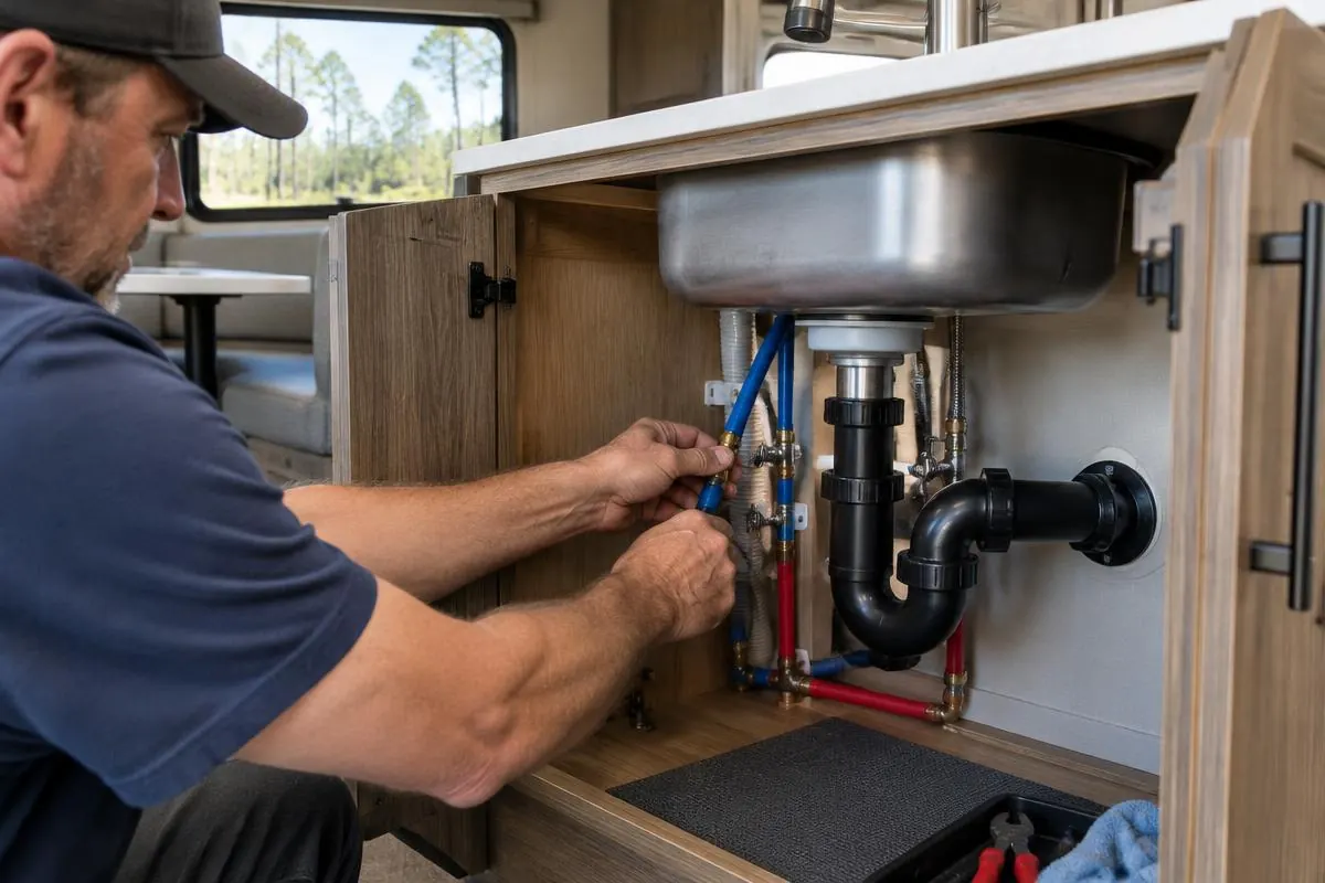 Mobile RV plumbing repair beneath a sink in Jasper County, TX